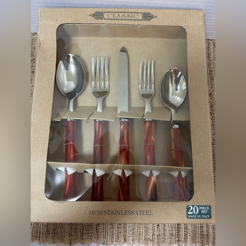 Vintage Inox Italian Acrylic Orange Pearl Bamboo 18/10 Flatware Set. 20 Pieces